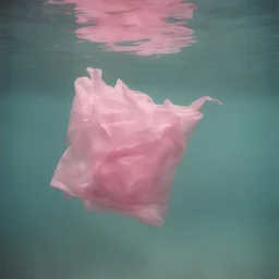 Pink plastic bag underwater in the 1970s, analog photography with white, damaged