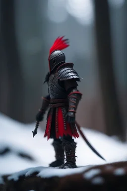 portrait of black knight with red feather in snowy mountain pass in forest,shot on Hasselblad h6d-400c, zeiss prime lens, bokeh like f/0.8, tilt-shift lens 8k, high detail, smooth render, down-light, unreal engine, prize winning