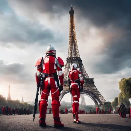 Futuristic soldiers clad in red and white armor stand vigilantly before the iconic Eiffel Tower, a blend of history and fantasy under the Parisian sky. Their masked faces and heavy weaponry create a stark dichotomy with the tranquil backdrop of the city.