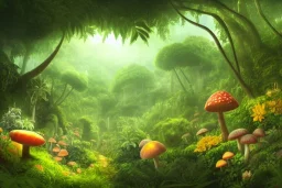 jungle on an flowers, fruits and mushrooms, wideangle view, volumetric lighting, volumetric clouds, small minutiae, tiny features, particulars, precise pencil outlines, sharp lines, cinematic art