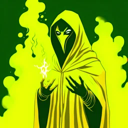 background yellow grey smoke. Frontground A wizard like dr fate. yellow flames emerge from his hand. his eyes are yellow. The cloak is black. real