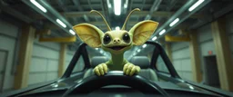 car driving happy 2d insect anime fluffy slimy alien gremlin man in the style of Escher and Giger and Fallout 4, pinhole cam, airbrush 3d rendering, on tv screen:A five-second cinematic single take in a clean industrial presentation hall.