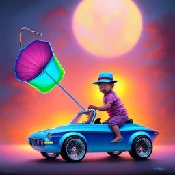 A one-year-old boy rides in the plastic funny toy-car on the middle of a busy street in new york. He has and a large-brimmed straw hat. somehow photographic bright colors and sunset, fantasy art, Anna Dittmann, digital painting, dan mumford, oil on canvas, jeff koons, akihito yoshida, wlop, kodachrome,