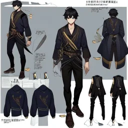 Character sheet, male, black hair, poor, cloth and leather clothes, pants