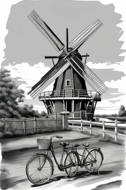 A realistic drawing black and gray with very defined details of a dutch windmill and a bike vector image with white background