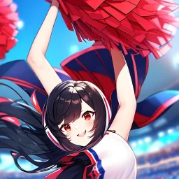 Clear focus, High resolution, long black fluffy hair, red eyes, chopped bangs, wearing a cheerleading outfit, jumping, wearing a skirt, legs together, smiling, Extreme Close up of eyes