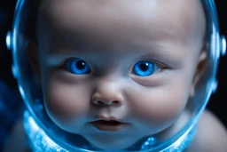 Subject & Action: A hyper-realistic, medium close-up photograph capturing a newborn child—the first one successfully incubated and naturally born from an artificial amniotic matrix tank in the 'Lazarus Project.' The baby is not human but a Pandora native (Na'vi), distinguished by sapphire-blue skin, large yellow eyes partially opened, bioluminescent cyan freckles dotting its nose and forehead, and delicate, elongated limbs wrapped in soft, woven botanical fibers. The newborn is being gently crad