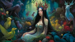 A brooding fairy queen, her dark locks cascading around alabaster skin, gazes thoughtfully amidst a whimsical menagerie of mythical creatures and lush, vibrant flora in a surreal landscape. This enchanting scene is depicted in a beautifully detailed painting, where every element exudes an otherworldly charm. The woman's ethereal presence is contrasted by the fantastical beings and exotic plants that surround her, creating a mesmerizing composition that captivates the viewer's imagination.