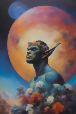 mugshot, Planet of the Vulcans, multicolored, large, floral designs, atmospheric, beautiful, oil painting by Frank Frazetta, 4k UHD, Photorealistic, professional quality