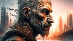 Double exposure, Wolfman, photorealism, man, city, sunset, snow, rain, fantasy, mystical, tattoo, vertical pupils, high detail, high resolution, 8K