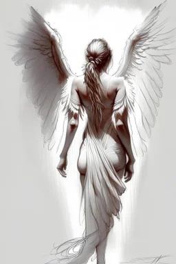 full body woman angel from back, wings coming from back of her shoulders, bun haired angel wearing long tunic ultra realistic drawing