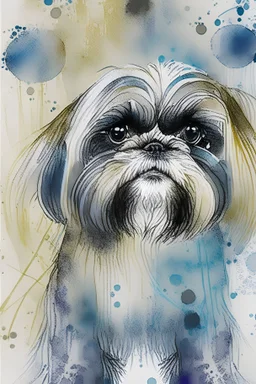 Abstract wet watercolour of a Shih tzu ink lines, interlinked circles,detailed focus on eyes