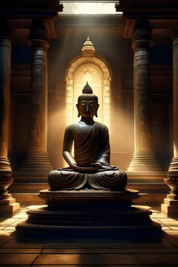 crea un'immagine fotografica di un buddah seduto al centro di un tempio illuminato dalla luce del mattino