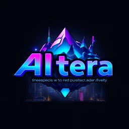 create a nice cool logo for my account "Altera", with this texts in down "the world never existed" ,"reality ,reimagined",add 3d background, future modern city and futue moder industry ,3d text,vibrant metllic colors ,cifi nature