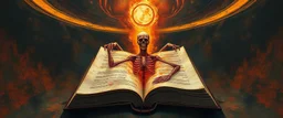 a high definition screen shot of A OPEN ANATOMY BOOK, retrofuturistic, phototrealism, Macabre Rapture End of days Revelation scene, loose brush stroke matte oil painting, sinner apotheosis,diagonal composition, unbalanced, abstract surreal horror, eerie, scary warm colors, Eldritch, JonKnockTurnal 2999 ufo, bilaterally