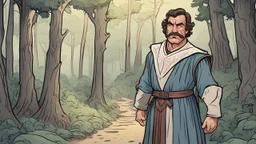 cartoon style, line art, color shaded, Tom Selleck in medieval clothing in the forest