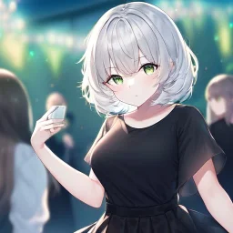 Clear focus, High resolution, light grey short hair, dark green eyes, wearing a black t-shirt and black skirt, fluffy hair, detailed outfit, really fluffy hair