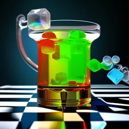 blurred scientist, glass of many coloured liquid with ice cubes on a chess board, raytraced, volumetric fog