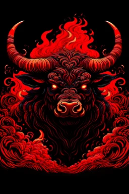 Vintage illustration of a demonic and magical brutal and angry bull made of red flames and fire, savage and obstreperous nature, Tsuguyuki Kubo art, Topcraft, vintage storybook illustration style, ornamental, fantasy folk art, psychedelic theme, inspires by 80s Japanese anime, early Studio Ghibli, fantasy animation
