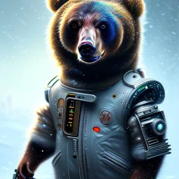 Cyberpunk Portrait of cyborg bear child with brown hair and with cute face, north pole snowy vibe , perfect composition, hyperrealistic, super detailed, 8k, high quality, trending art, trending on artstation, sharp focus, studio photo, intricate details, highly detailed, by greg rutkowski