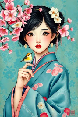 Portrait of a beautiful oriental girl wearing hanfu with a songbird on her fingertip, sakura petal drops by kandinsky background batik by klimt