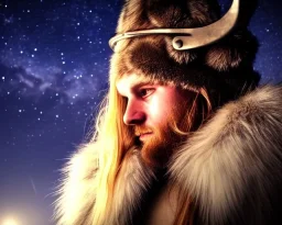 a sad and lonely viking looking up at the stars at night, hyper realistic, 8k, insane detail, atmospheric background, crying eyes, big fur coat, long braided hair, sharp focus, soft background, dynamic lighting, viking helmet, night time