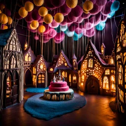 A fairytale installation of a village made of cake-frosting and felt, visitors can walk inside the installation high contrasts, frame, extreme detailed, movie shot, volumetric light, rich moody colors, noon-light, nightmare, bokeh, also something else, orero dream, Max Ernst style