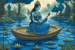 Draw a blue waterlily in pond above which goddess saraswati would be seated holding veena, a pirate ship is floating