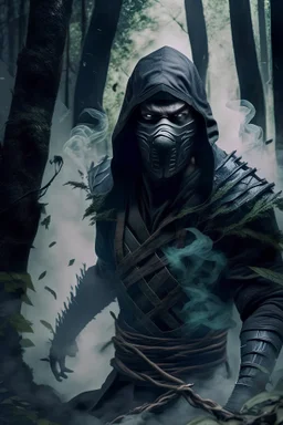 10k hyper realistic detailed Smoke the masked grey ninja assassin using his smoke powers (mortal Kombat) in a forrest