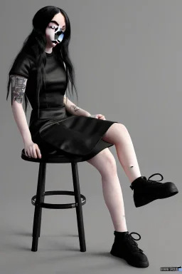 Billie Eilish, sitting on a chair, Black Short Dress, high detail, realistic