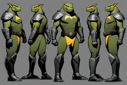(Star Trek Lore) a Gorn aggressive warrior with his traditional equipment ## Layout & Perspectives Arrange strictly from left to right in the order of “front, side (either left or right), back” horizontally. The character's height, head-to-body ratio, shoulder width, and other skeletal proportions must be perfectly aligned horizontally across all three views, with strictly consistent sizing. ## Character Consistency Across all perspectives, the character's face shape, facial features, hai