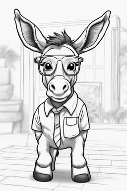 Outline art for cute coloring pages with donkey with glasses, full body, white background, sketch style, only use outline, clean line art, no shadows and clear and well outlined.