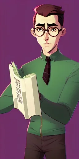 Fit man in round glasses with bookshelf in background, stubble,no beard, reading book, slim, tie, monotone, green eyes, comic book style, two tone colours, detailed, ink, realistic, handsome, square jaw, big brows, no jacket, bird on the shoulder, spotlight