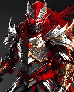 Silver metallic red and gold male fantasy demon armour, with a red cape, with black and red spikes coming out the back and arms, glowing red eyes, long red hair pony tail coming out the helmet and the helmet covering the face entirely