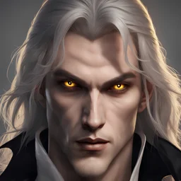 Vampire man with white long hair and yellow eyes, high detail, stunning light, Artstation trends