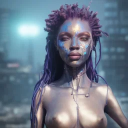 portrait,beautiful african robotic sirene, post-apocalyptic in a cyberpunk city, realistic, intriacte detail, sci-fi fantasy style, volumetric lighting, particales,highly detailed,cinematic, deep blue.