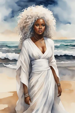 Create an urban culture watercolor painting of a beautiful thick black female wearing a soft white maxi dress and a white hair wrap. Prominent make up with lush lashes. Highly detailed tightly curly afro. Background of her walking in the sand by the ocean.