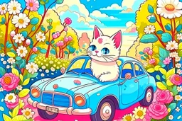 a cute proud chibi fluffy beige cat driving a car made of flower buds: roses, forget-me-nots, hydrangeaes on a cobblestone road in a forest next to a pond in sunshine