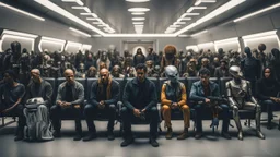 photo from the futuristic waiting room of a studio, a large crowd waits in a giant room. the aliens mutant humans, strange fantastical creatures, droids, and a few human-like beings of all sizes, colors, shaped and looks, stand in the crowd. high detalied, sharp focus, photorealistic, sci-fi style Professional photography, bokeh, natural lighting, canon lens, shot on dslr 64 megapixels , hd