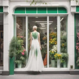 A fashion store in delicate white with green decorations, a large window pane with dresses in all bright colors. In front of the store on each side there is a large plant with bright, colorful flowers!No People