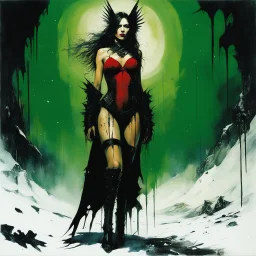 [art by Dave McKean] In the ruined North Pole, she stands in agent provocateur like a dark deity of destruction, her sharp heels crushing shattered remnants of a forgotten festivity. A muscular faerie, her stripped leather armor stained with blood, her lithe frame wrapped in frayed crimson velvet, the edges dripping with viscous green sludge.