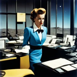 [colour photo by helmut newton] 1950s office secretary working in an office on the moon, with no inhibition in agent provocateur