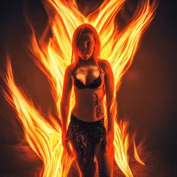 woman made of fire, fire angel, full body portrait, long flowing hair, only wearing bikini made of fire, highly detailed, real life photo, photo quality, extremely detailed, high quality, standing in fire, highly detailed, lots of fire around, fire background