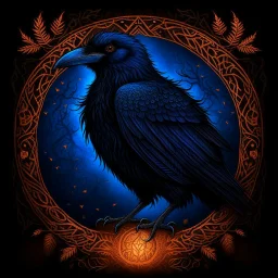 Mighty Raven with nature and runes and glowing eyes