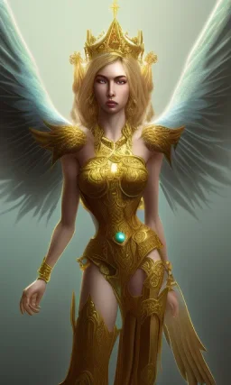 Female angel with big wings and golden crown floating above the ground in the dark, michelangelo style, detailed, world of warcraft style