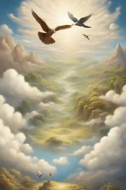 The creation of the world by God. In front of us is a valley with a beautiful landscape, where beautiful animals roam, beautiful birds fly in the sky, beautiful clouds and God in the clouds