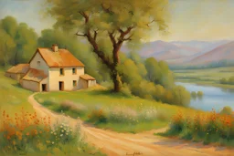 sunny day, mountains, trees, dirt road, flowers, spring, river, countryside, adobe house, friedrich eckenfelder and hans am ende impressionism paintings