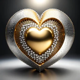 a golden and silver big heart sighn with a golden sphere covered with diamond cells its center ,rotating in place