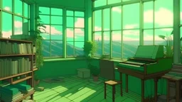 romantic green academia anime style art scenes for the background of a lofi music mix video, no people