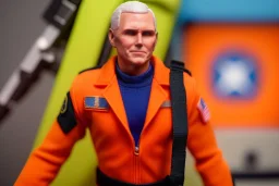 Mike pence G.i. joe toy doll space force uniform inside a blister package hanging on A rack in toystore, fluorescent orange, wide angle shot whole body, black moonboots, Green pricetag, whole body shot